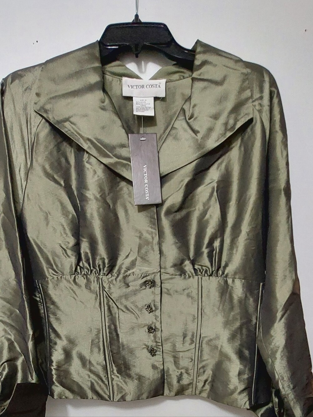 Victor Costa Satin Olive Green Tailored Blouse